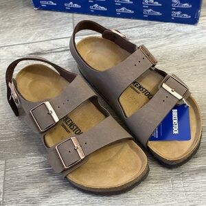 Birkenstock Brown Two-Strap Backstrap Sandals with Rose Gold Buckles